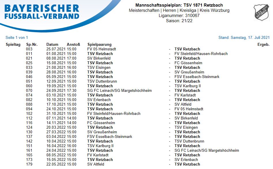 Spielplan 1 Mannschaft