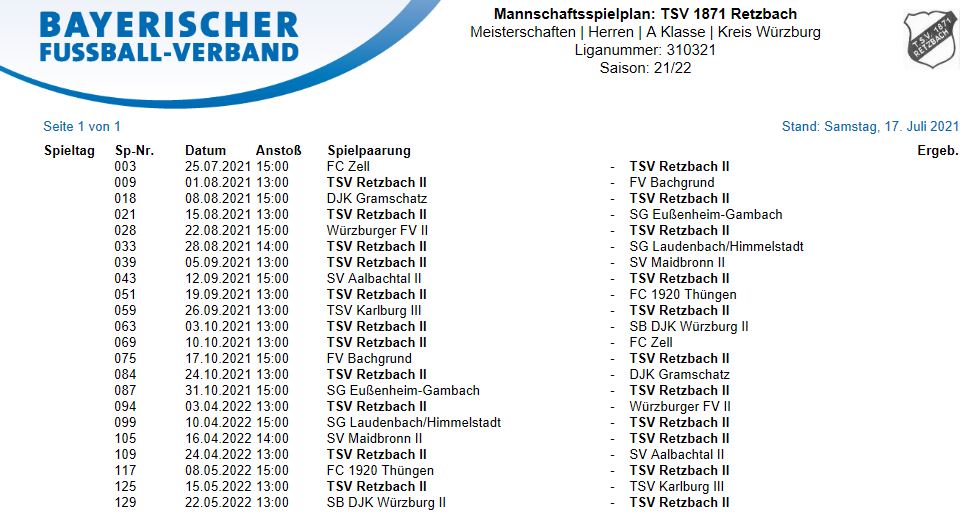 Spielplan 2 Mannschaft